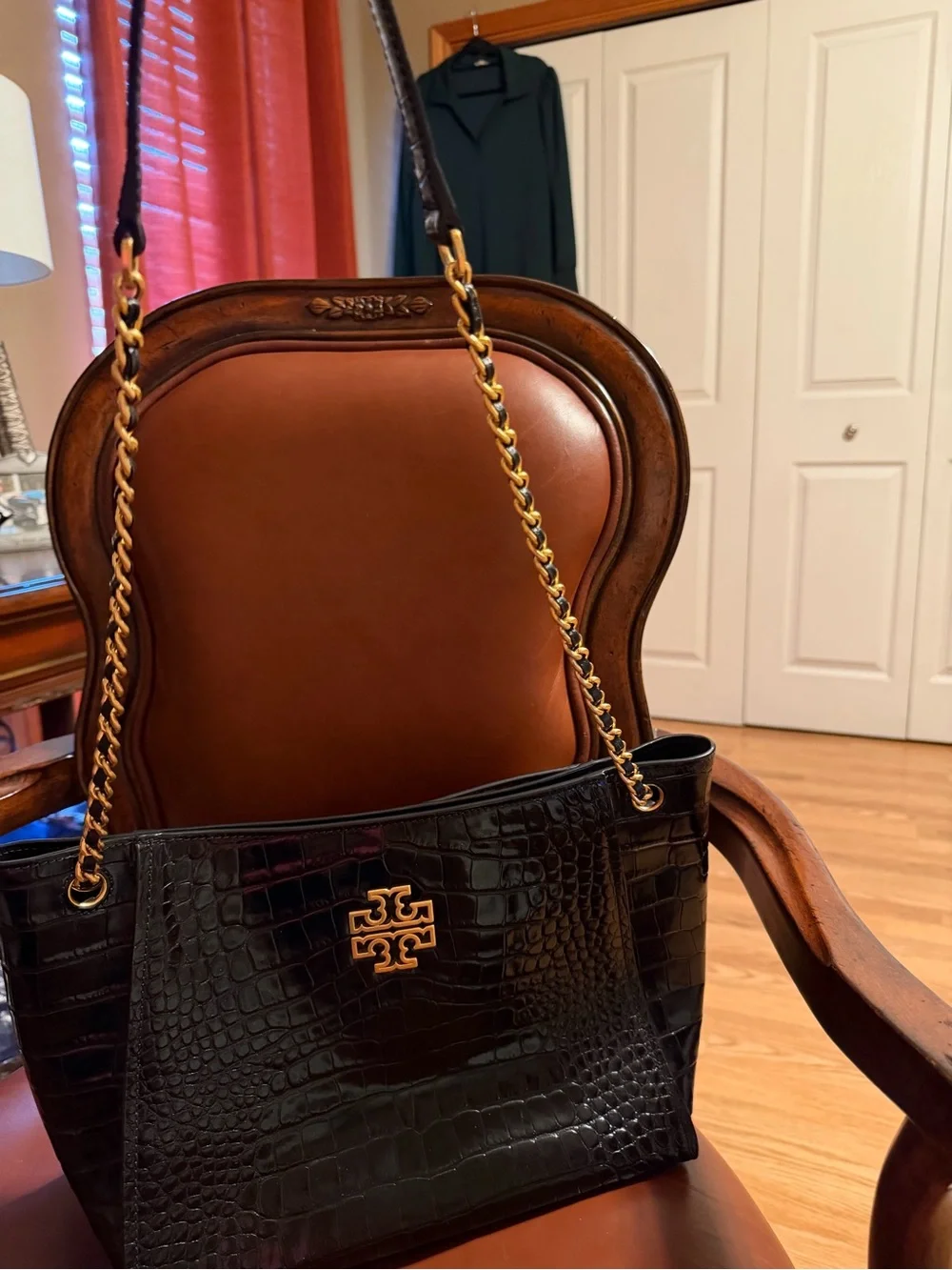 Tory Burch Black Croc-Embossed Shoulder Tote with Gold Logo